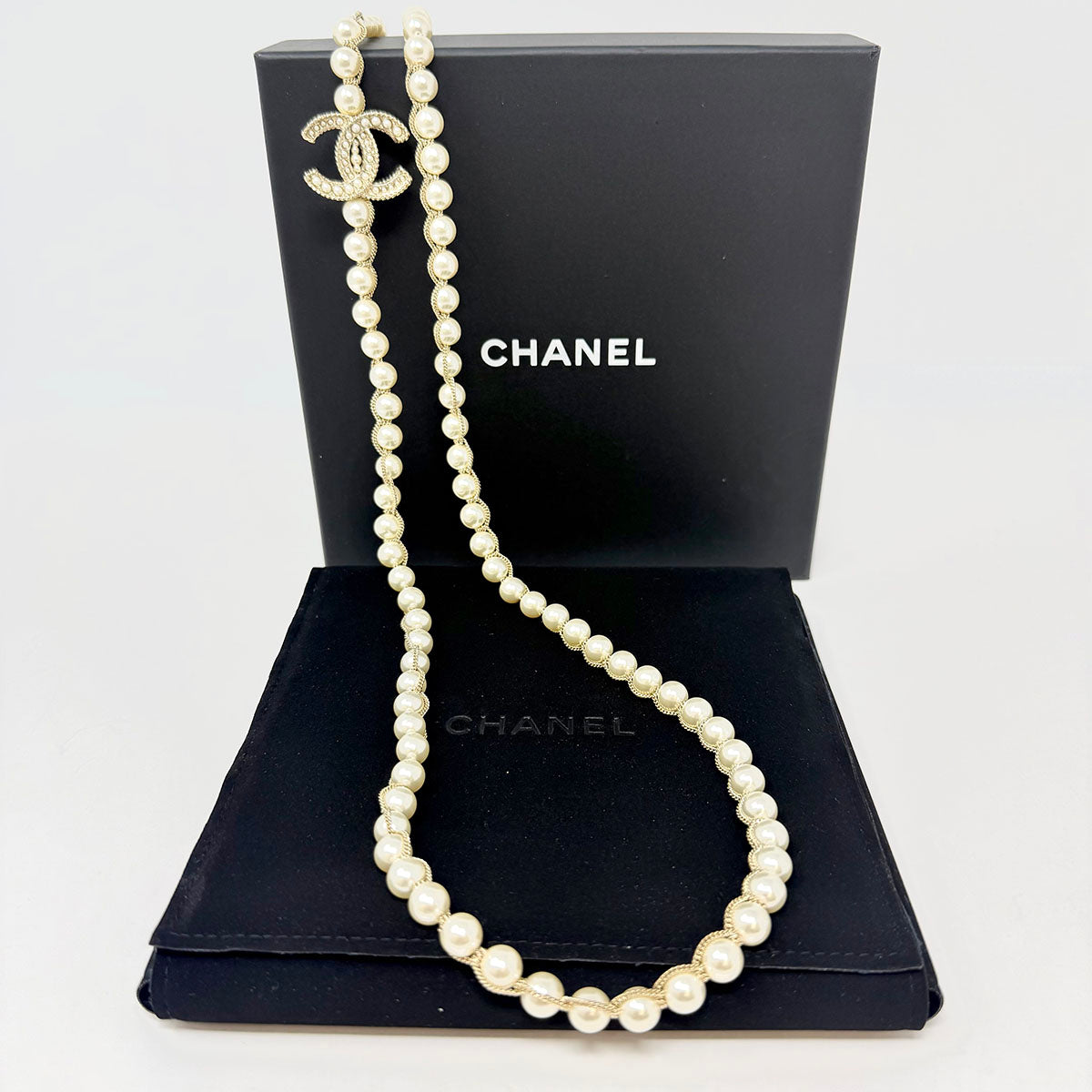 Chanel Long Faux Pearl Necklace with CC Charm
