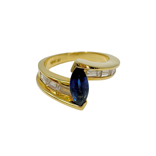 Armand Jacoby 18K Gold Ring with 6 Baguette Diamonds and Sapphire