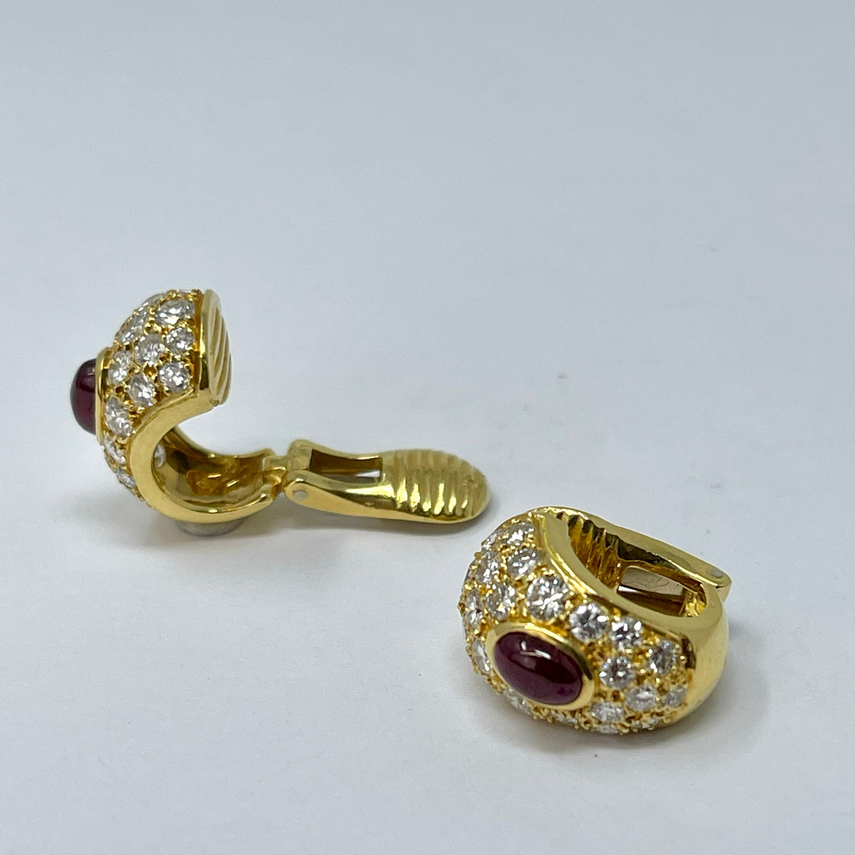 18K Gold Huggie Clip-on  Earrings with Oval Rubies and Brilliant Cut Diamonds