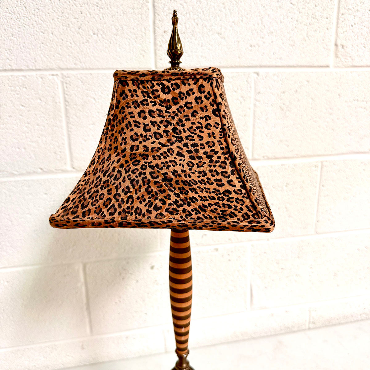Candlestick Lamp with Striped Base and Leopard Print Shade