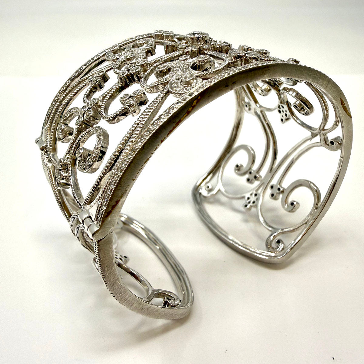 Leslie Greene Wide 18K White Filigree Diamond Cuff Bracelet - appraisal