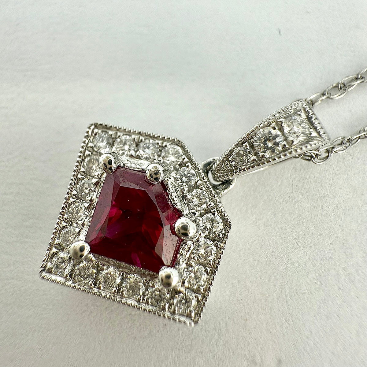 14K White Gold  Ruby and Diamond Pendant Necklace