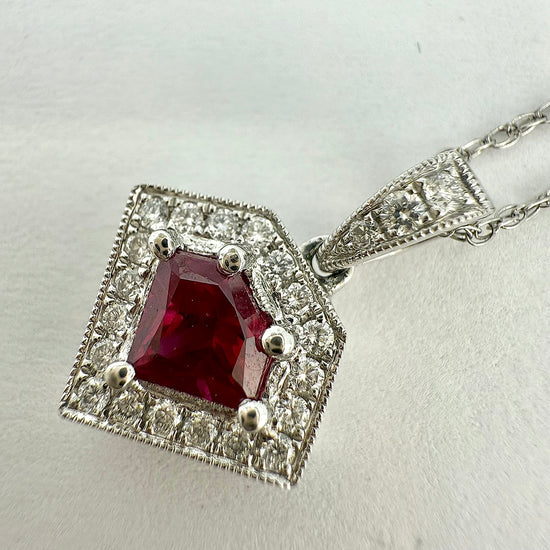 14K White Gold  Ruby and Diamond Pendant Necklace
