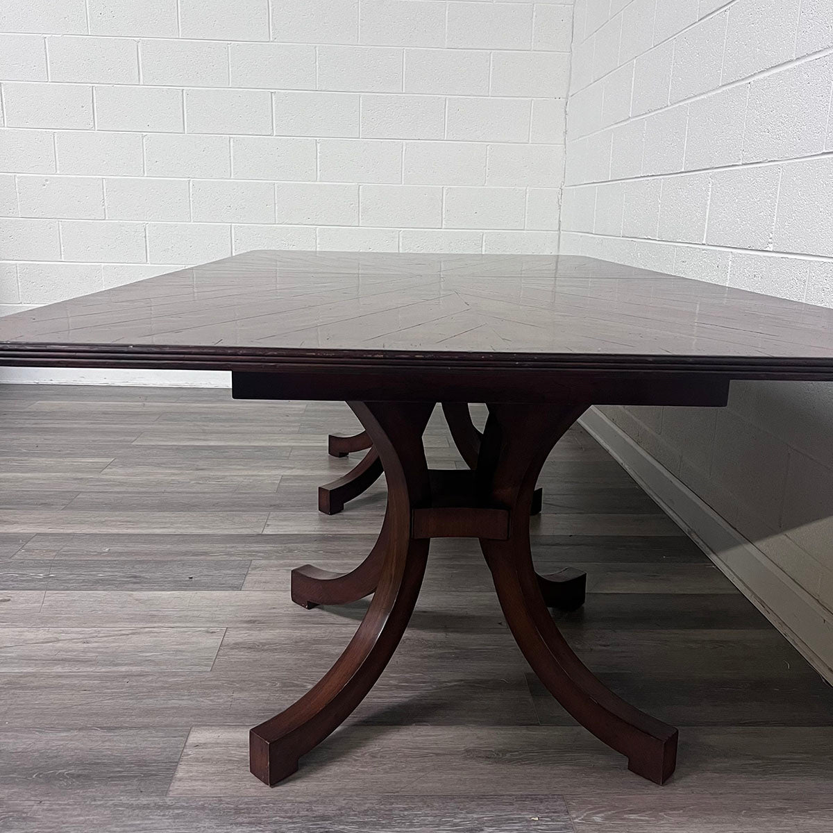 2 Pedestal Wood Dining Table With Brass Emblems