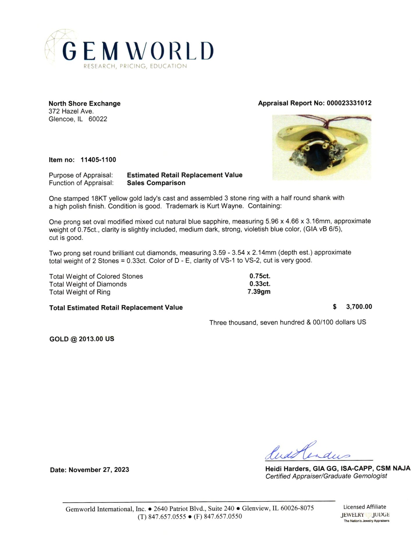 Kurt Wayne 18K Gold Ring with Sapphire and Diamond