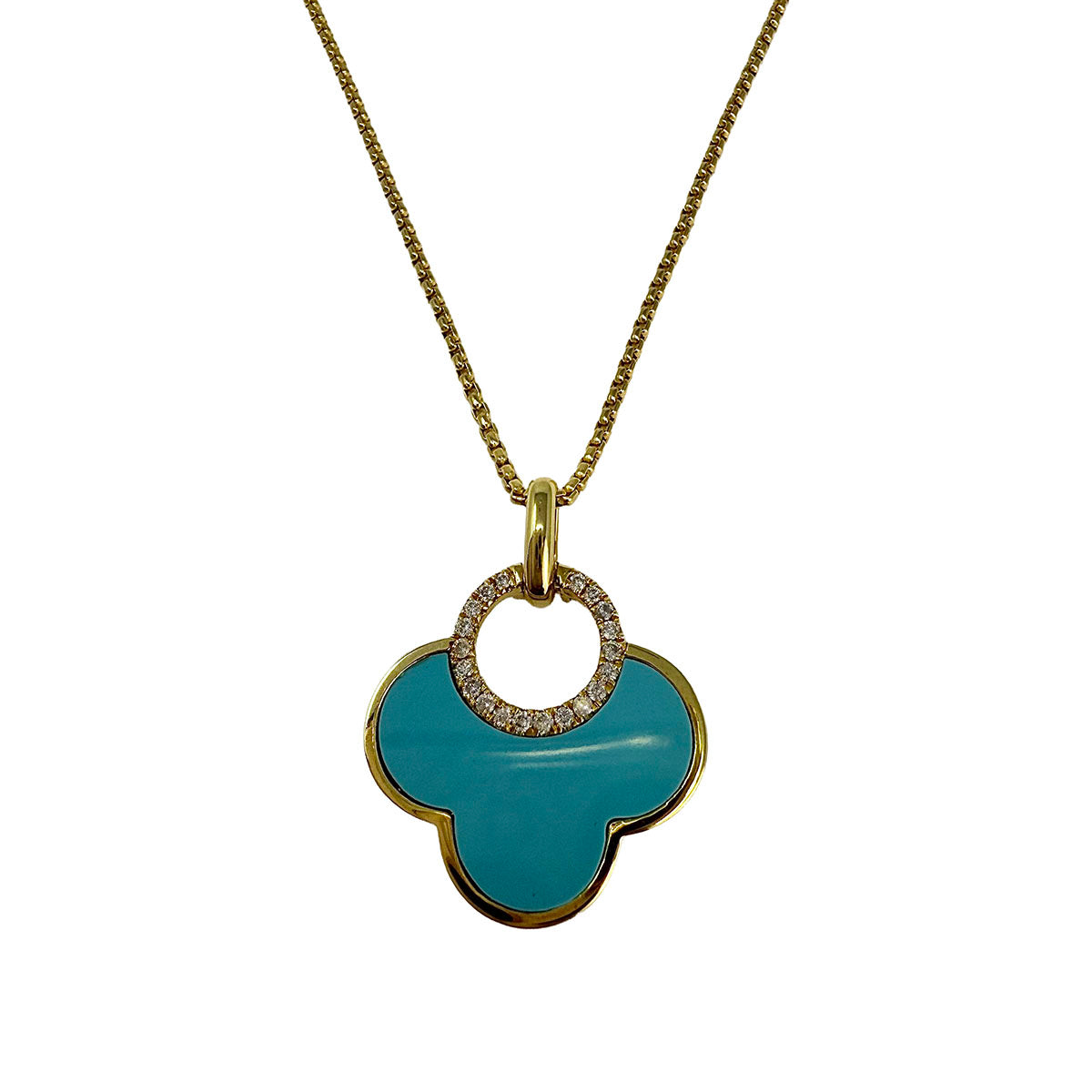 14K Gold Necklace with Turquoise Pendant with Diamond Embellishment