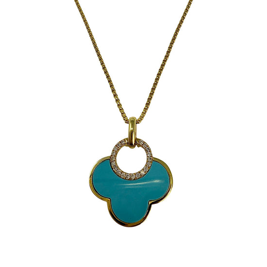 14K Gold Necklace with Turquoise Pendant with Diamond Embellishment