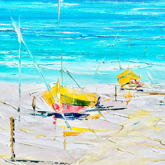 Original Seascape with Boats on the Shore, Signed and Dated '88