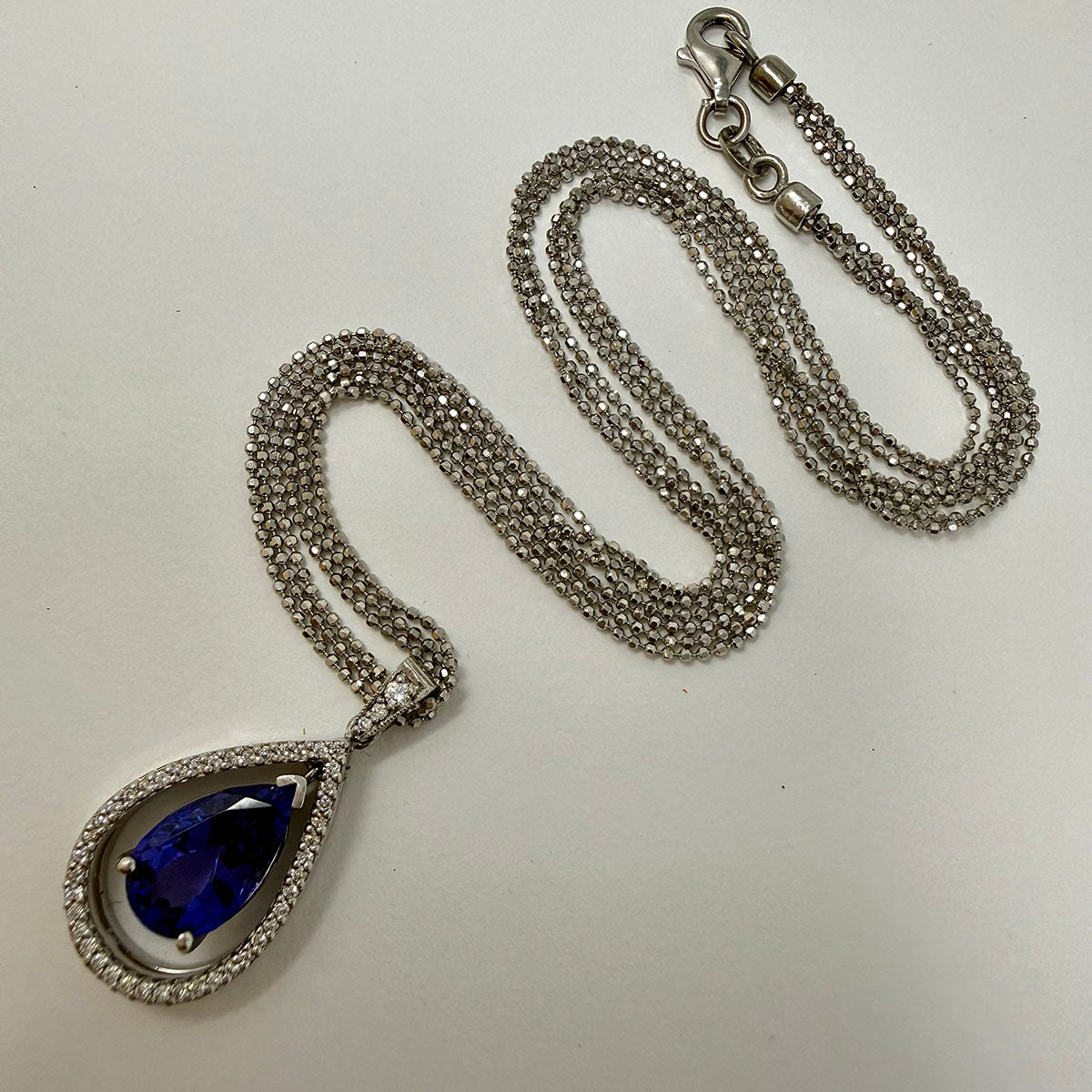 18K White Gold Double Chain Necklace with Tanzanite and Diamond Pendant