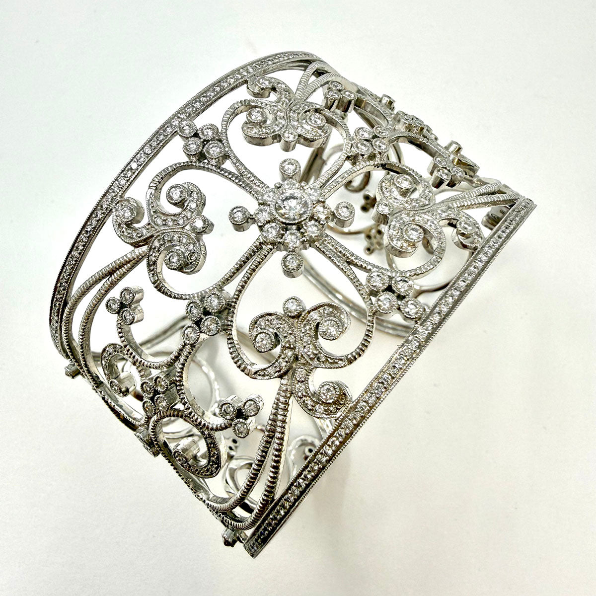 Leslie Greene Wide 18K White Filigree Diamond Cuff Bracelet - appraisal