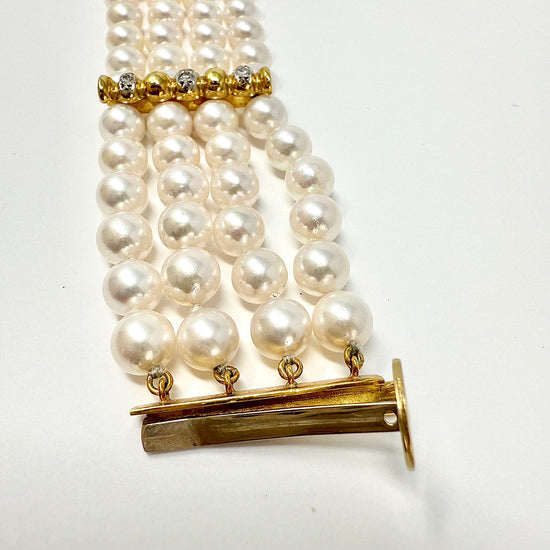 4 Strand Pearl Bracelet with Diamonds and 3 Diamond Bar Divider Bars