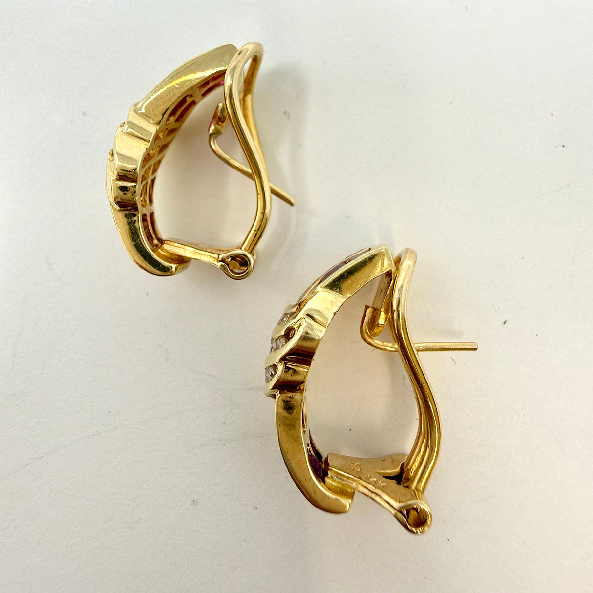 Gold Huggie Earrings with Ruby and Diamonds