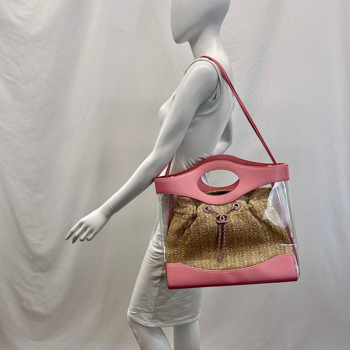 Pink/Clear Chanel 31 PVC/Leather/Quilted Raffia Shopping Tote