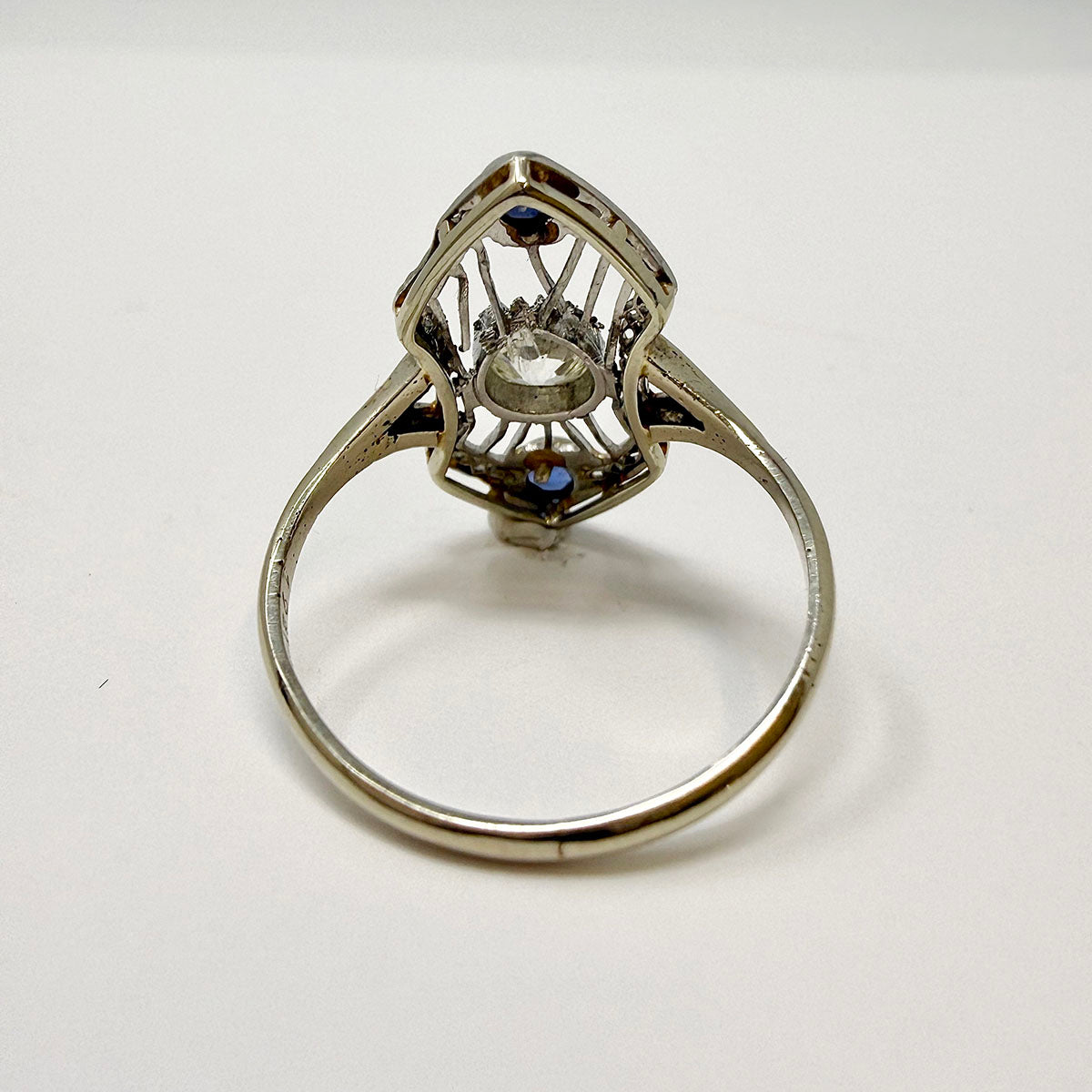 Antique 14K White Gold Ring with Diamond and Sapphire