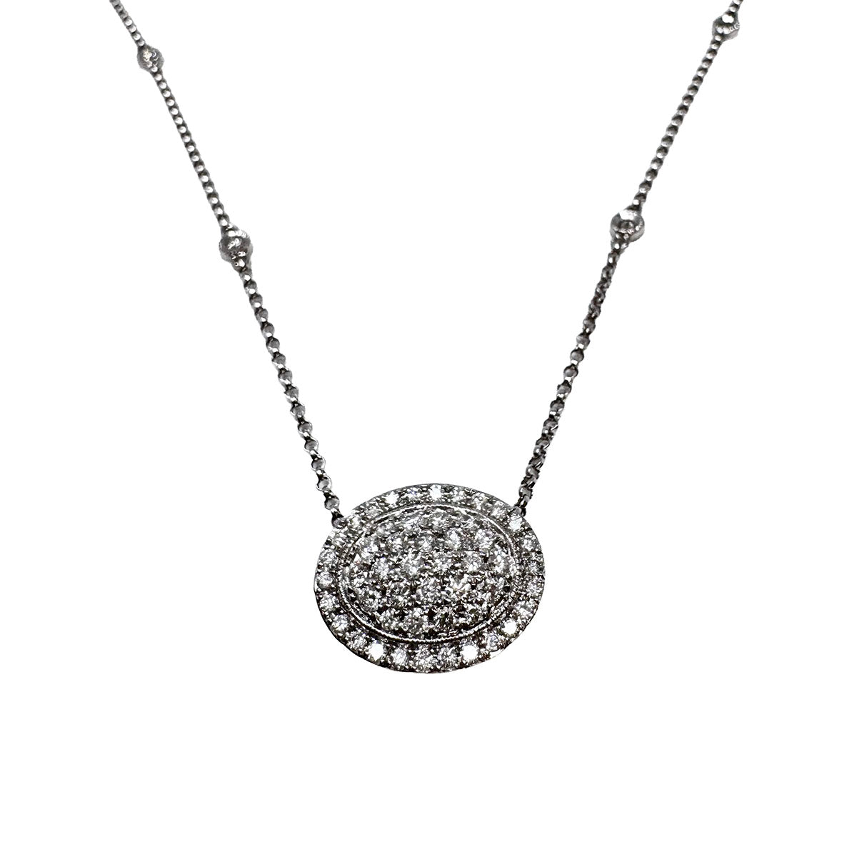 14K White Gold Diamond 18" Necklace with Oval Pave Diamond Pendant