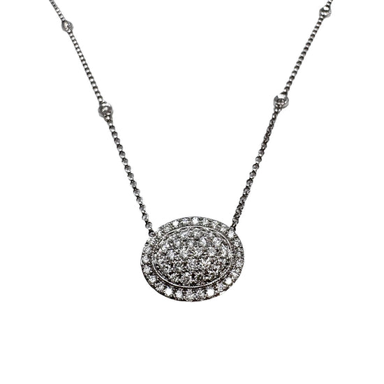 14K White Gold Diamond 18" Necklace with Oval Pave Diamond Pendant