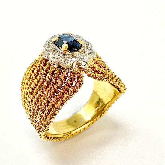 18K Gold Rope Ring with Sapphire and Diamond