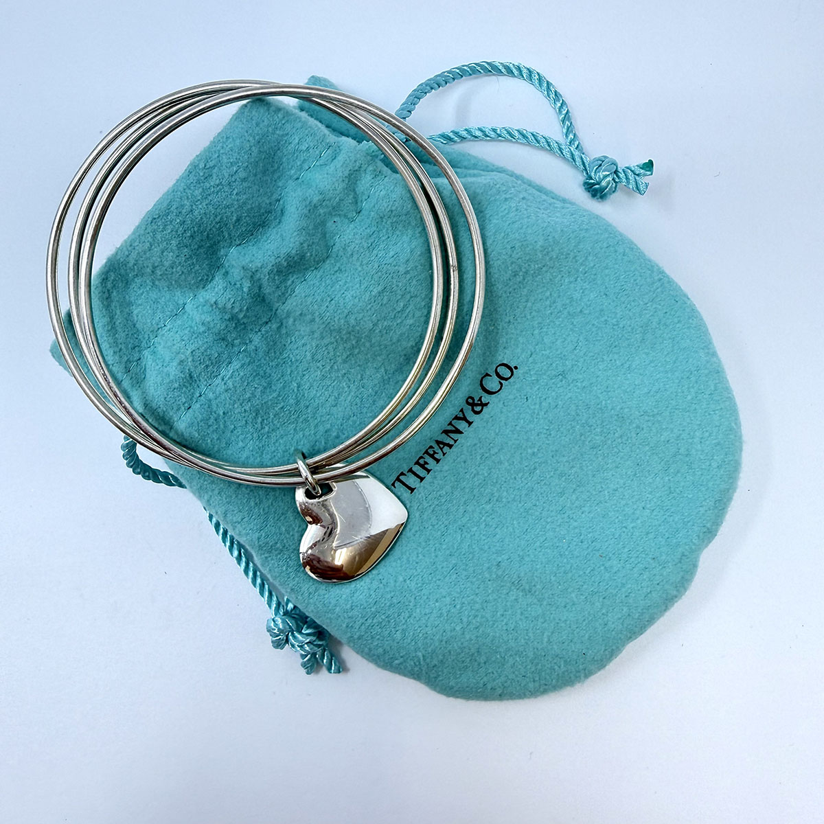 Tiffany & Co. Sterling Silver Heart Charm Triple Bangle  Bracelet