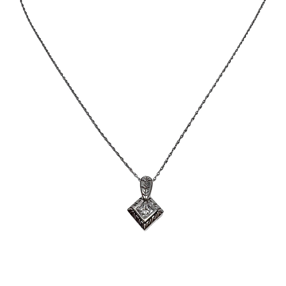 14K White Square Diamond Pendant Necklace