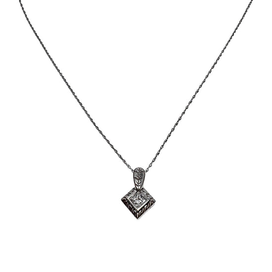 14K White Square Diamond Pendant Necklace