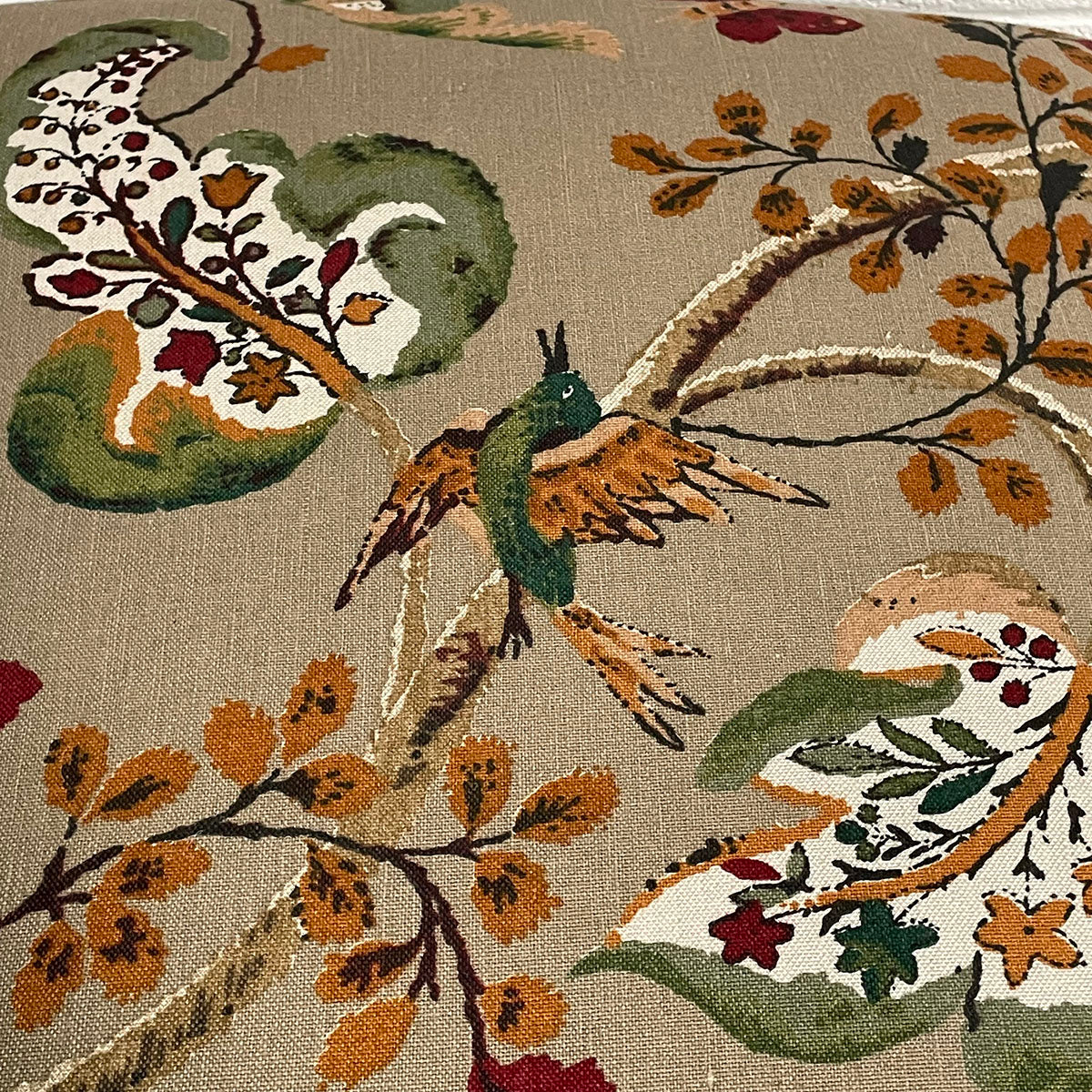 Upholstered Ottoman with Curved Legs and Botanical Print