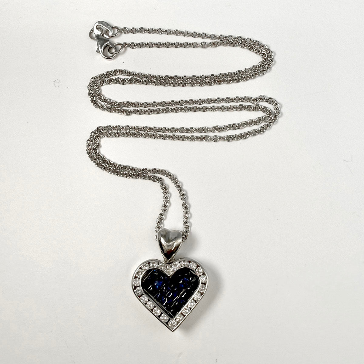 14K White Gold Necklace with Sapphire and Diamond Heart Pendant