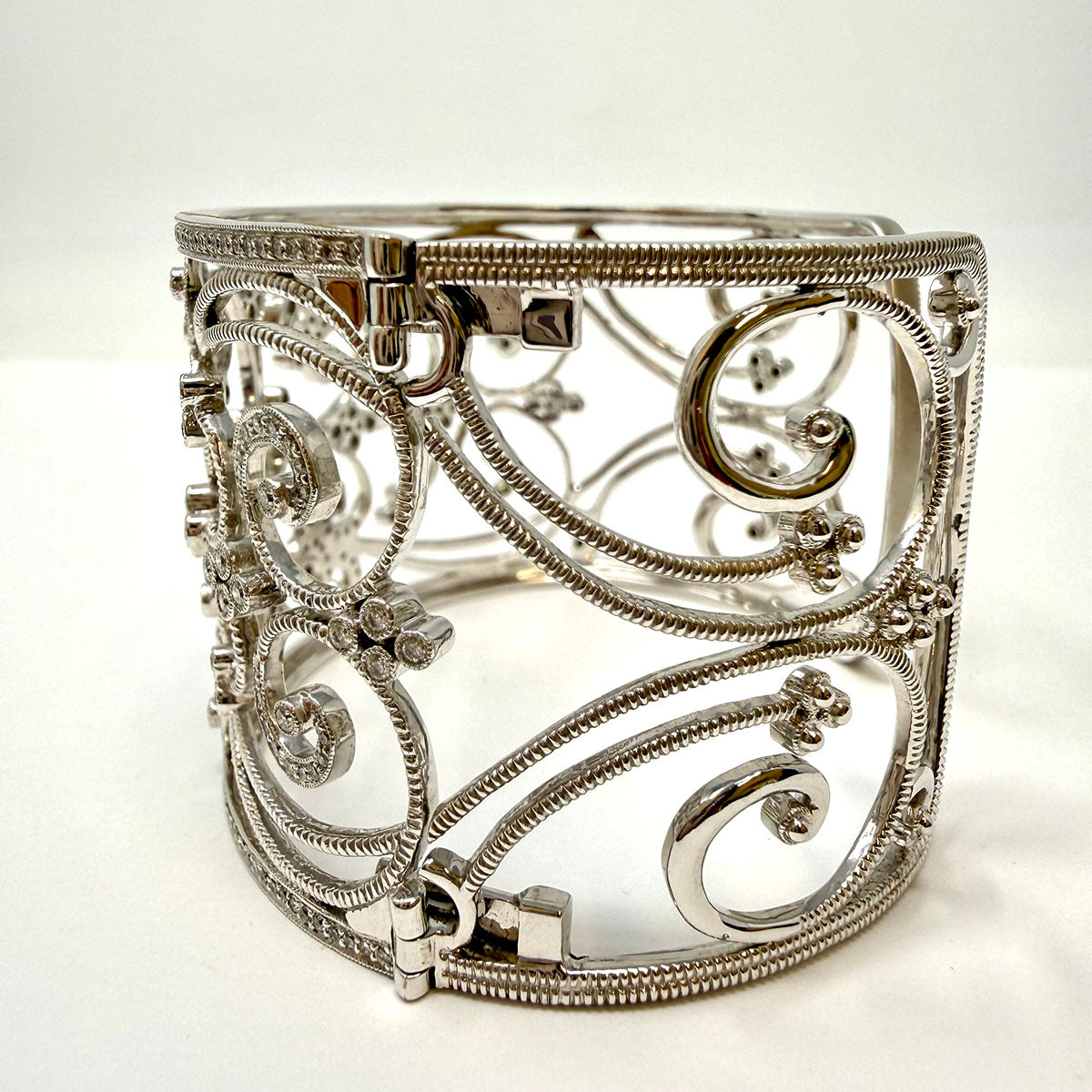 Leslie Greene Wide 18K White Filigree Diamond Cuff Bracelet - appraisal