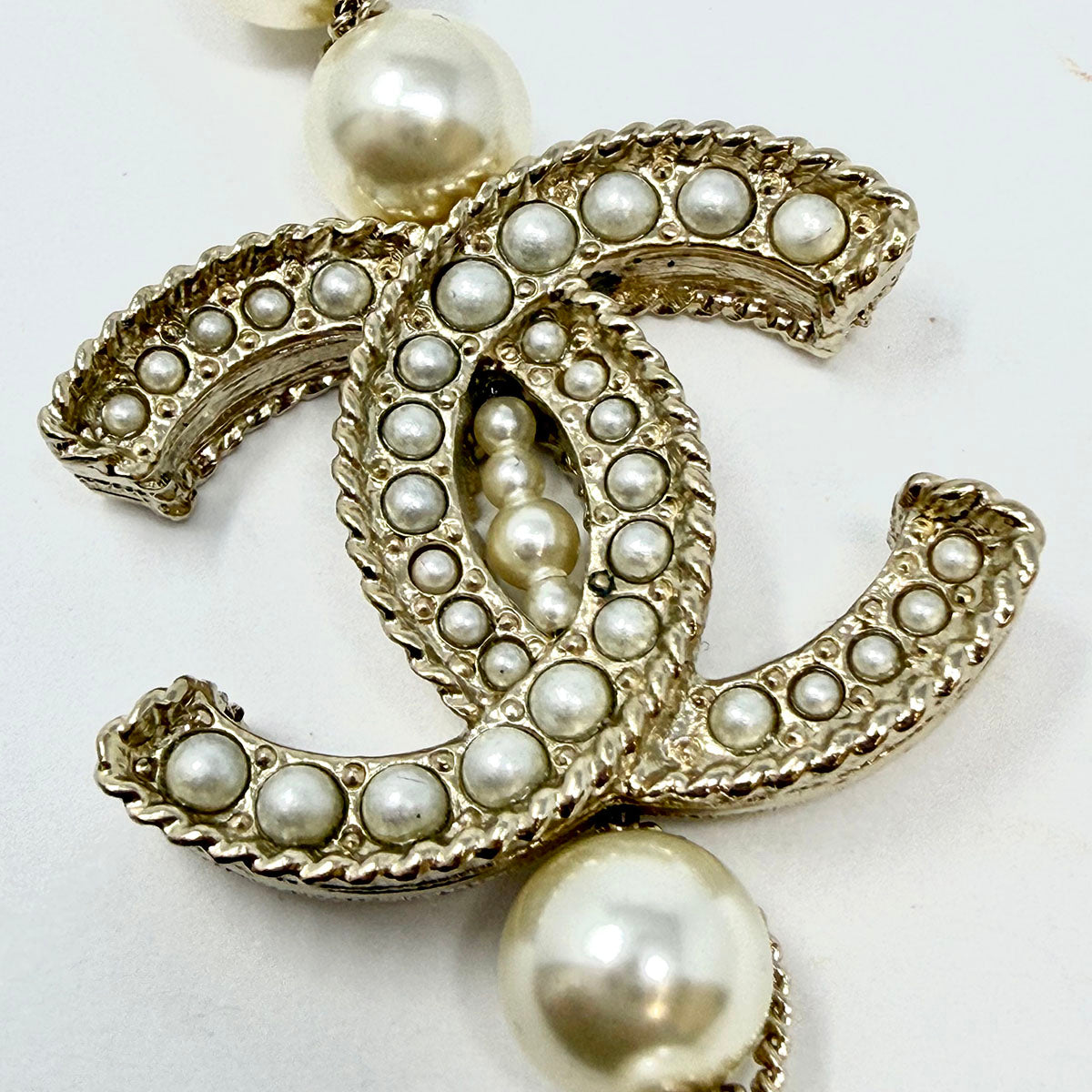 Chanel Long Faux Pearl Necklace with CC Charm