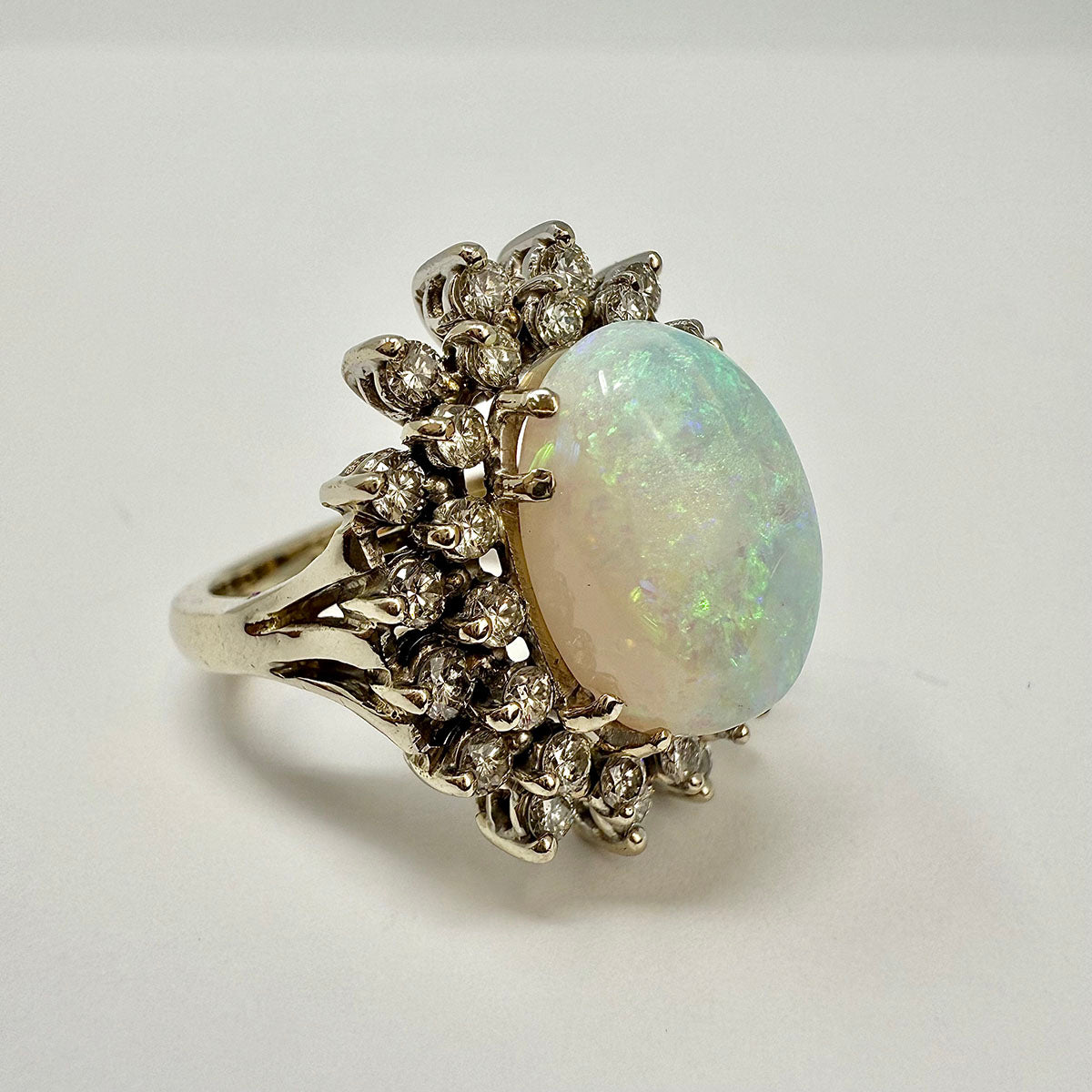 14K White Gold Ring with Opal and Diamond