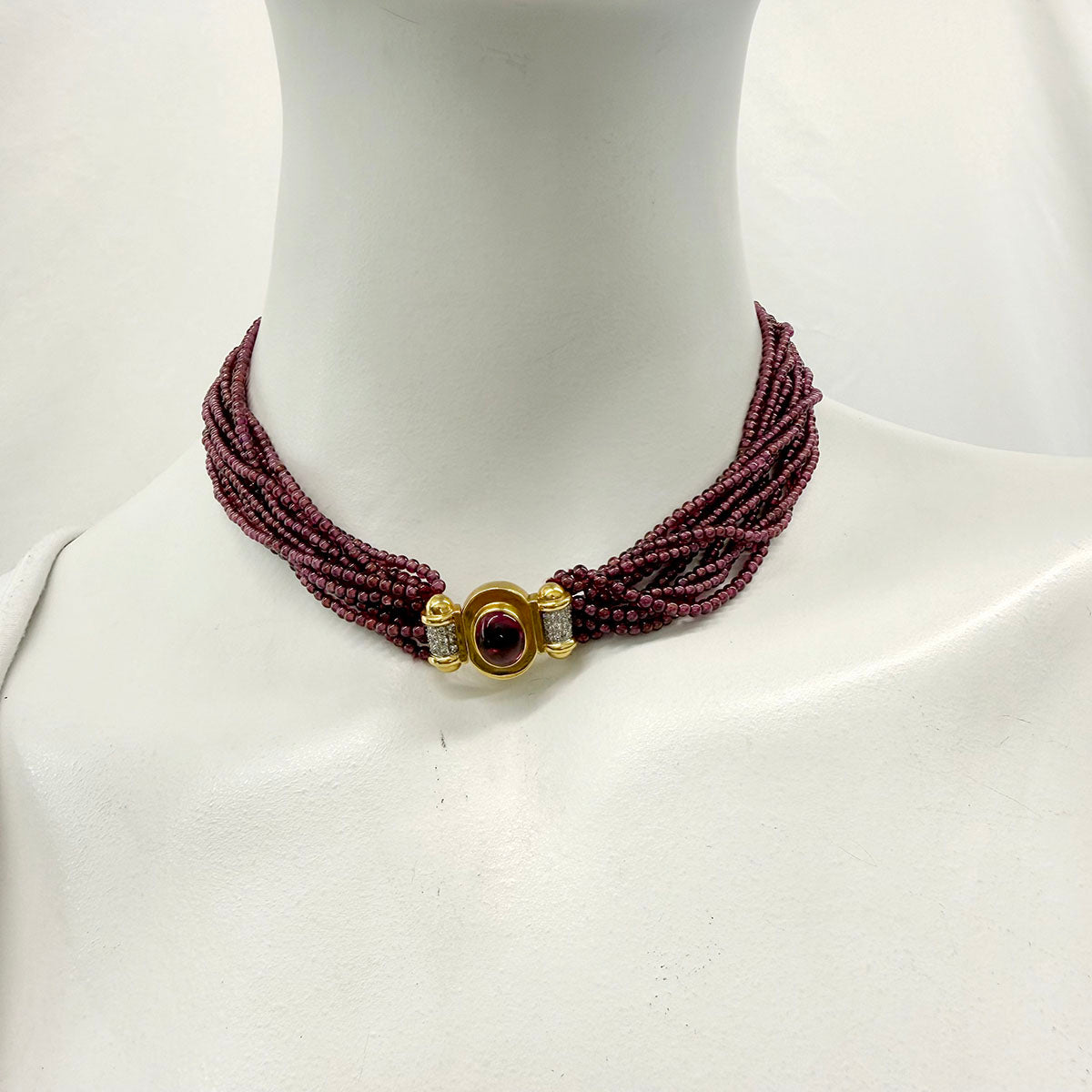 10 Strand Garnet Bead Necklace with 18K Gold Clasp with Cabochon and Diamonds