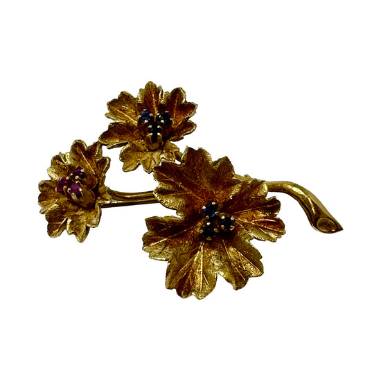 18K Gold 2 Flower Pin with Sapphire and Ruby