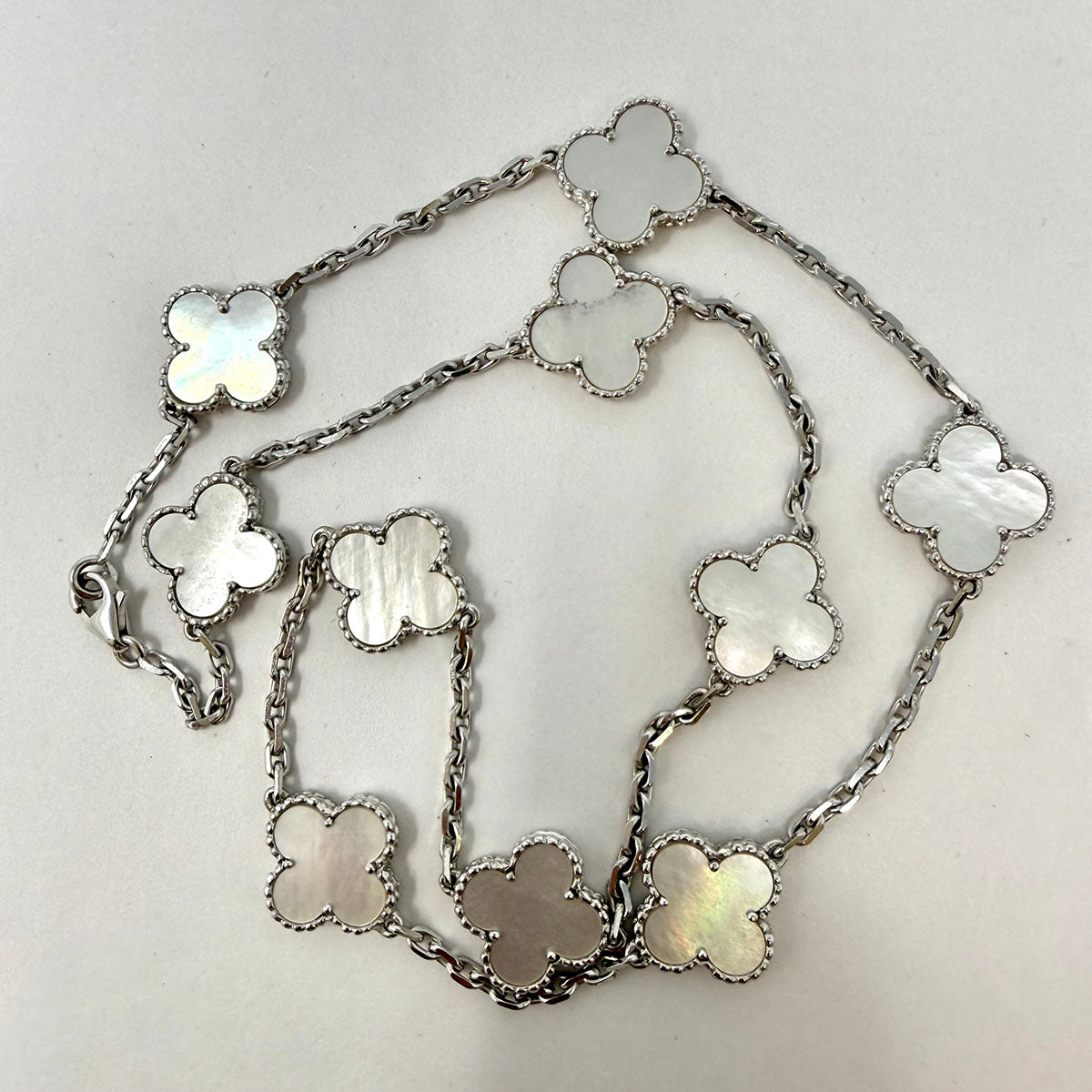 Van Cleef & Arpels 18K White Gold 10 Motif Vintage Alhambra MOP Necklace