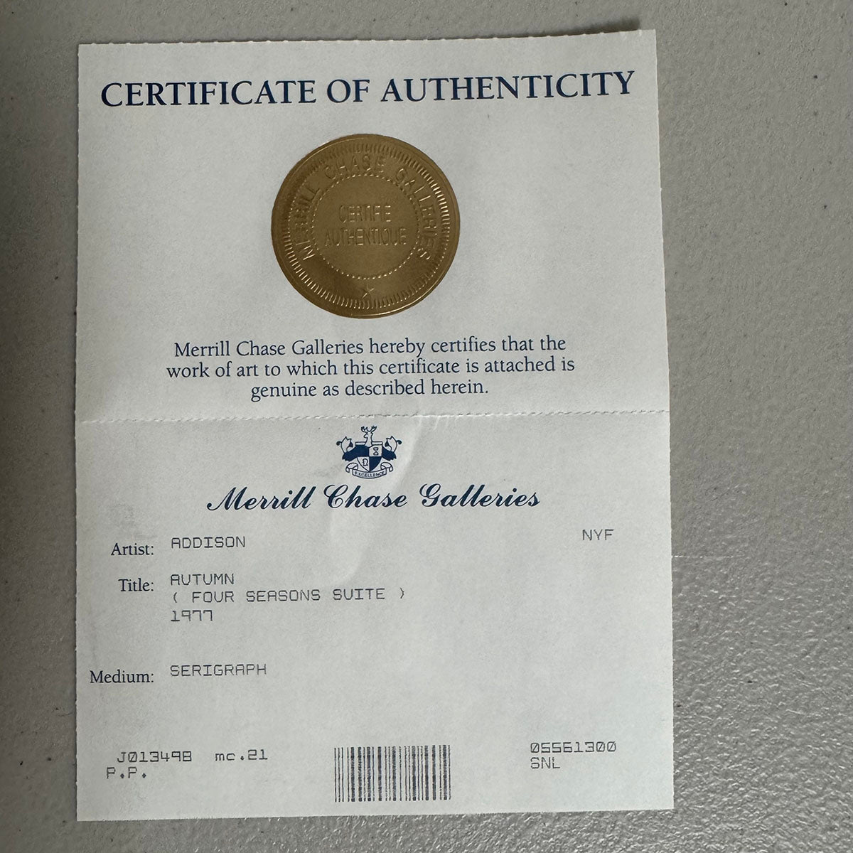 "Autumn Four Seasons Suite" 1977 Printers Proof, Signed COA Included