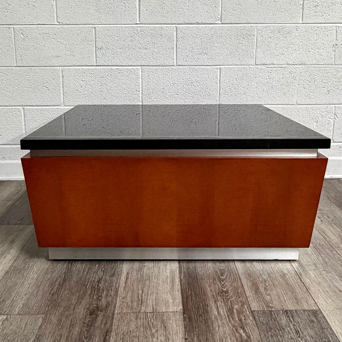 Square Black Stone-Top Coffee Table with Wood Base