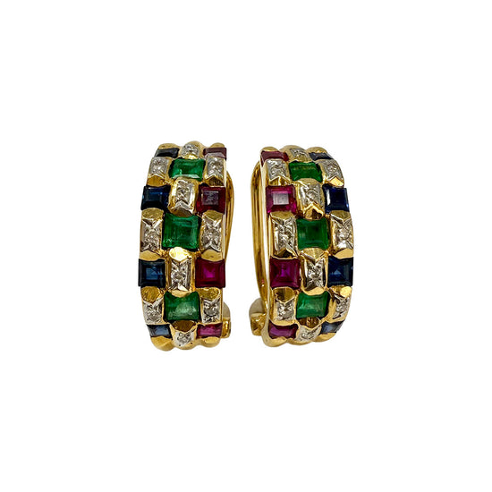 18K Gold Huggie Earrings with Ruby, Emerald, Sapphire and Diamond