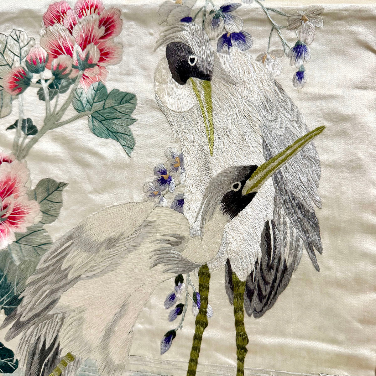 Embroidered Silk Tapestry Featuring Cranes