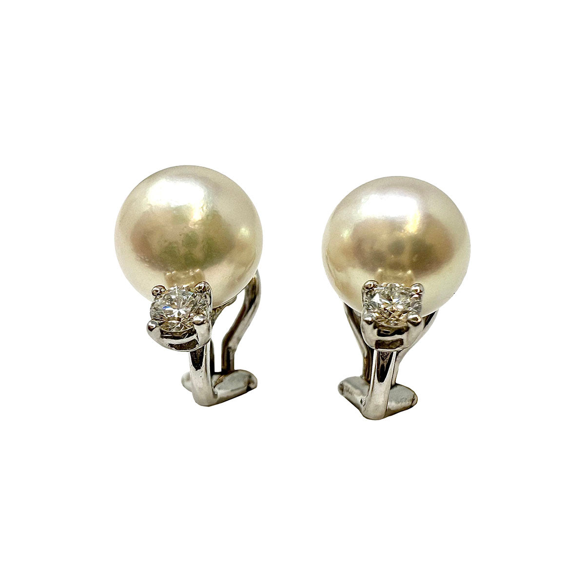 18K White  Gold Cultured Pearl and Diamond Earclips