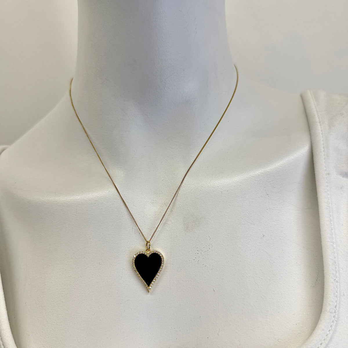 14K Gold Necklace with Black Onyx Heart Pendant with Diamond Trim