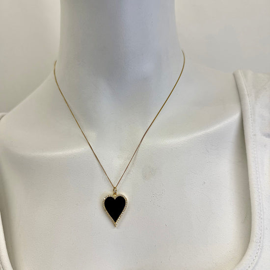 14K Gold Necklace with Black Onyx Heart Pendant with Diamond Trim