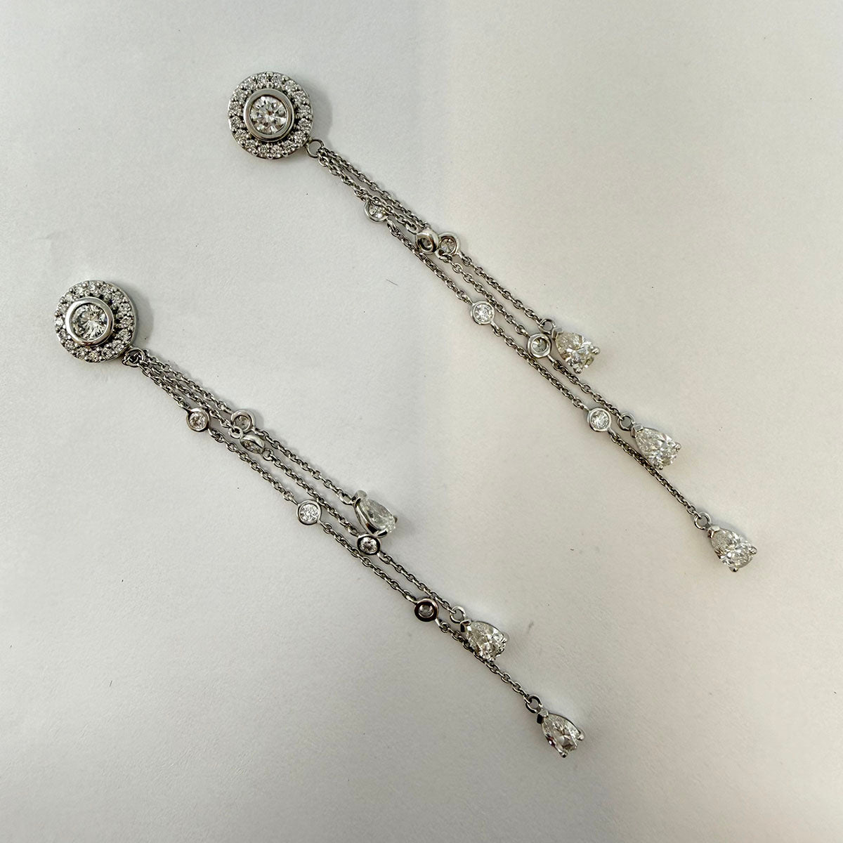 18K White Gold Drop Earrings with 52 Diamonds and 6 Pear Shaped Diamonds