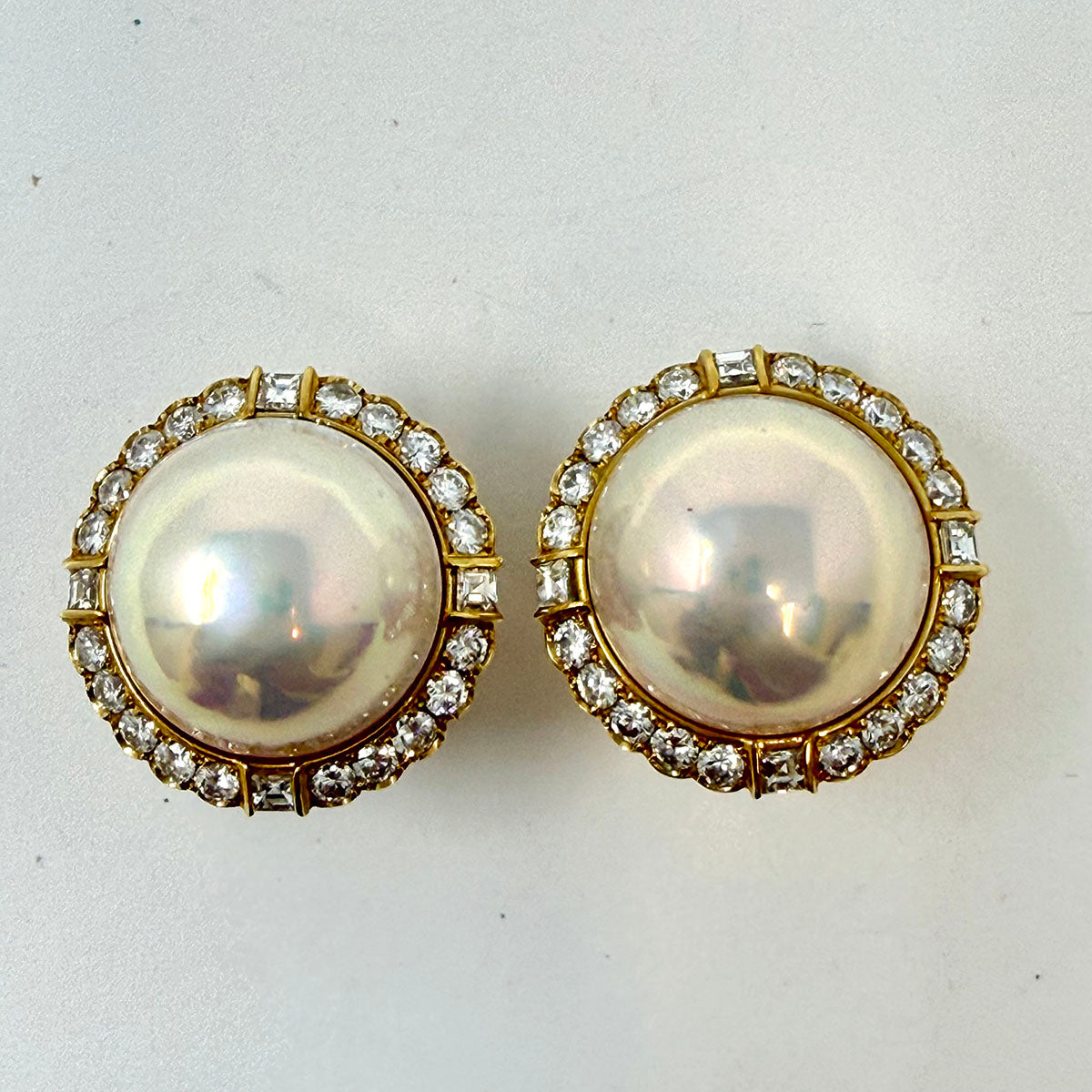 Rudolf Friedman 18K Gold Earrings with Mabe Pearl and Diamonds