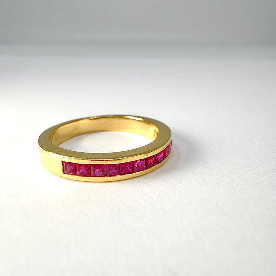 18K Gold Ring with 13 Channel Set Rubies