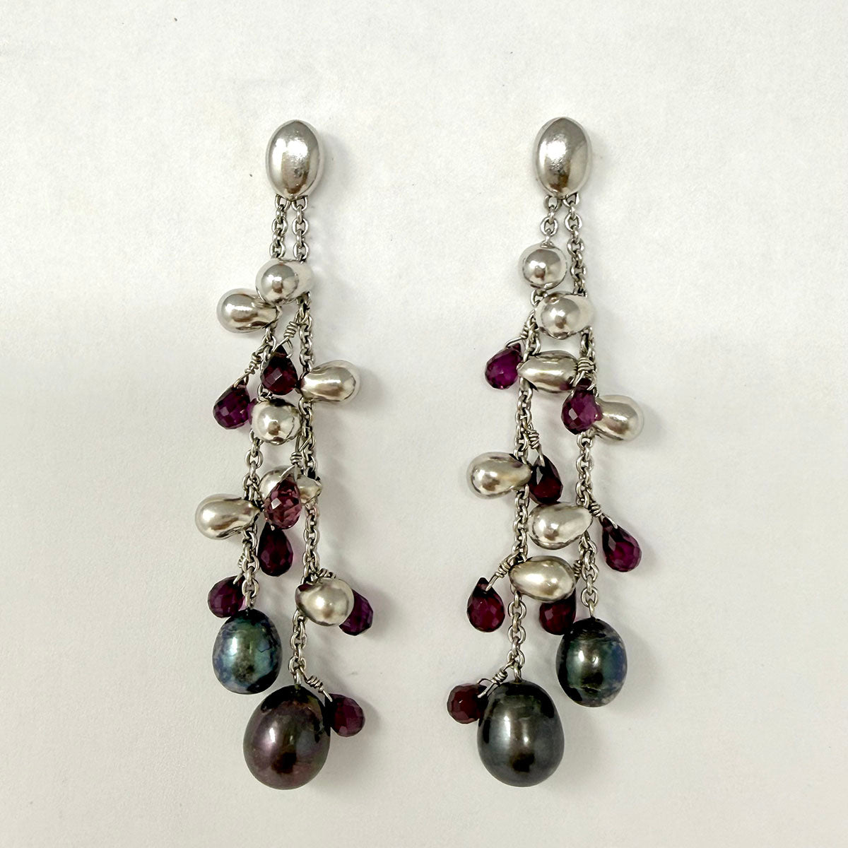 Marco Bicego 18K Gold Drop Earrings with Pear Shaped Garnets and Black Pearls