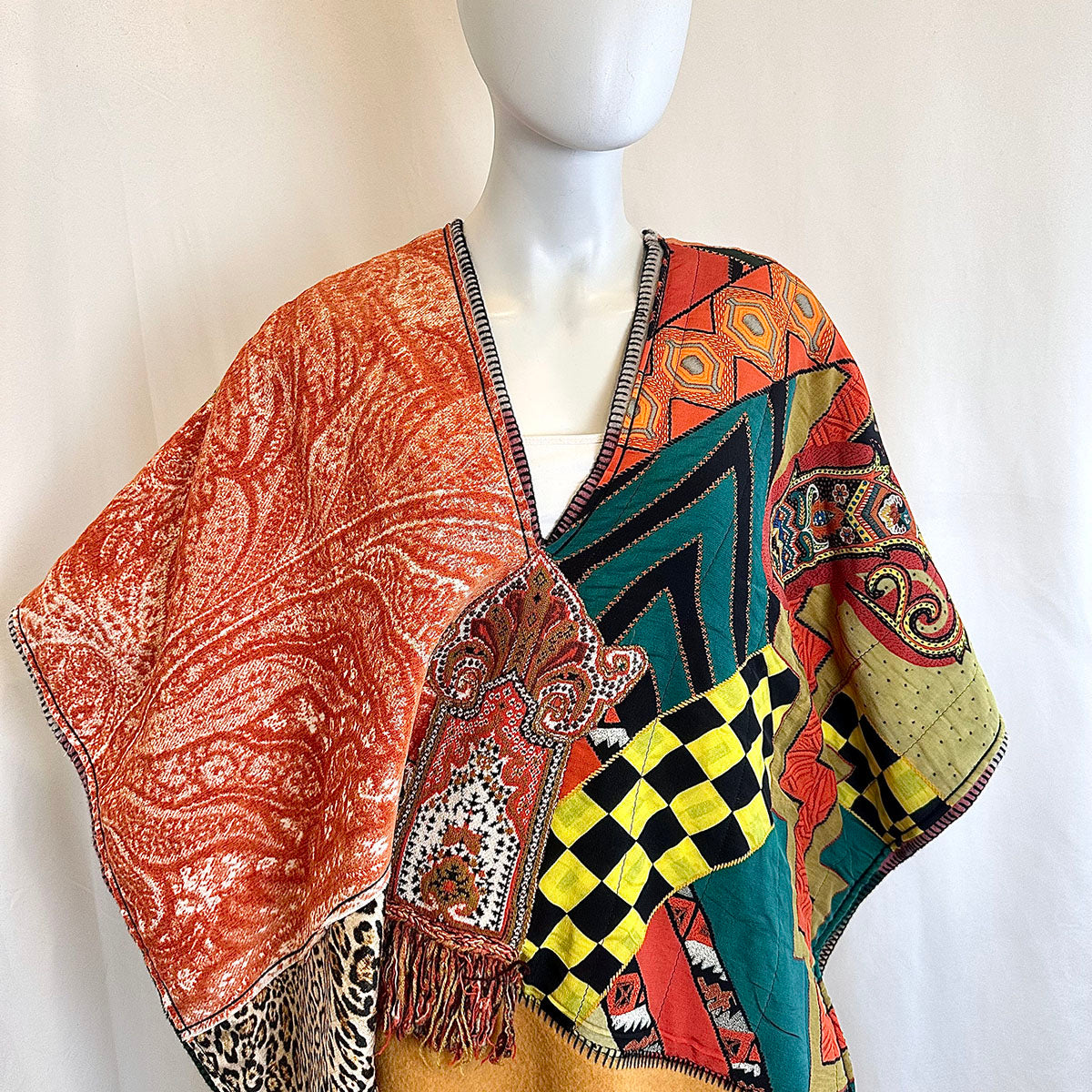 Etro Multi Print Patchwork Wool Blend Poncho