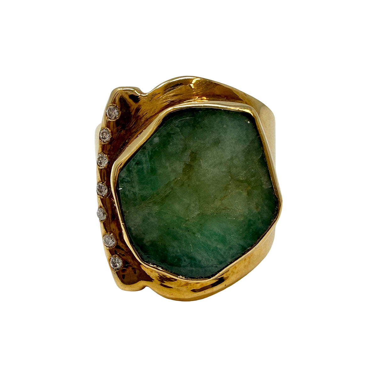 18K Gold Ring with Green Stone and Diamonds