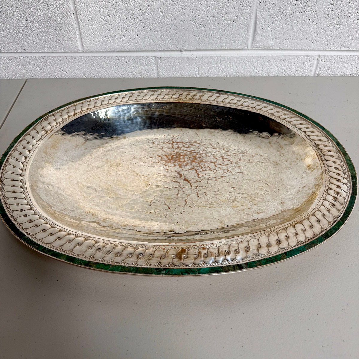 Mexcian Silverplate Serving Tray with Malachite Overlay