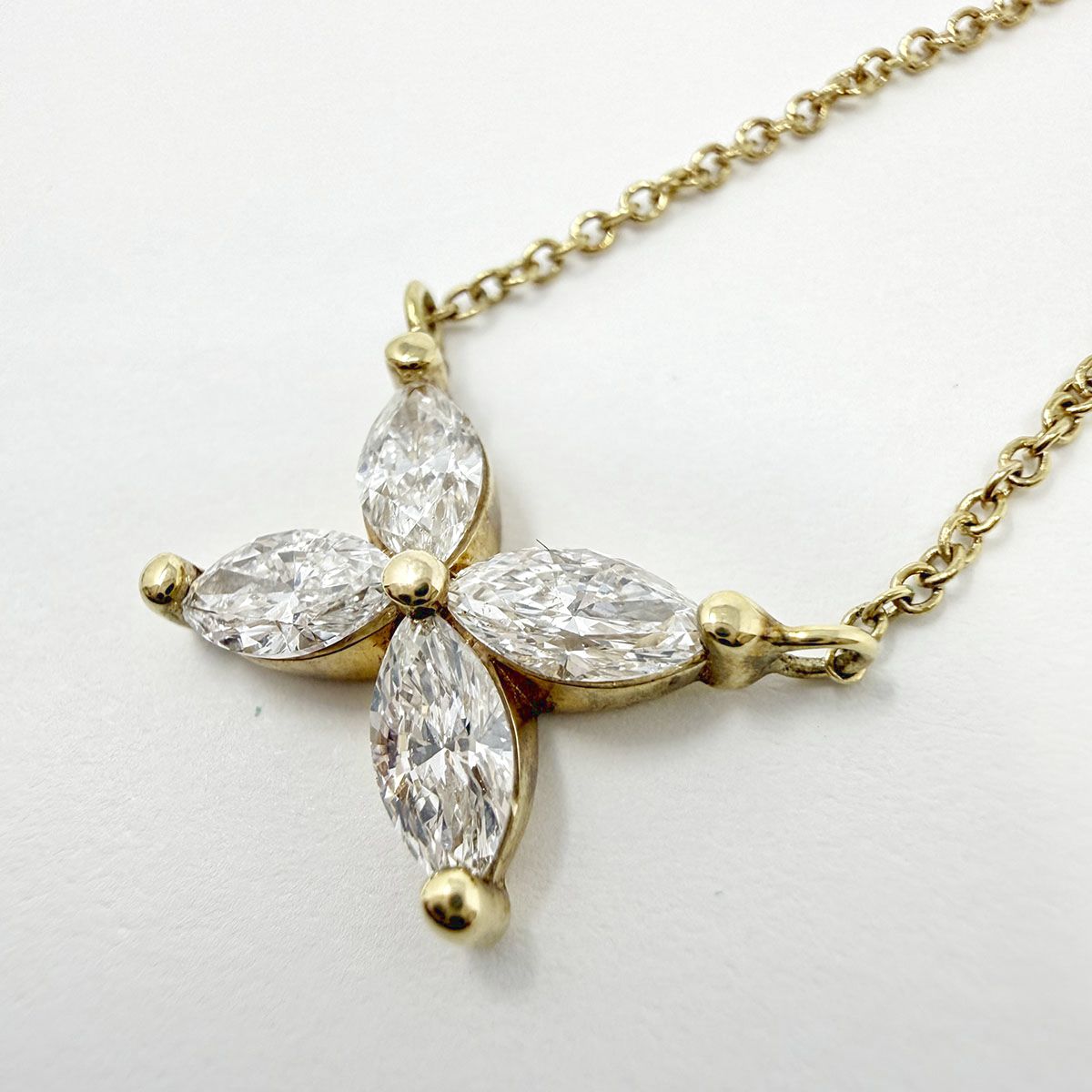14K Gold Flower Pendant Necklace with 4 Marquise Diamonds
