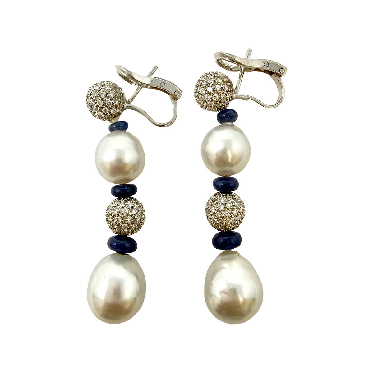 18K White Gold Drop Earrings with 2 Diamond Balls and 2 South Sea Cultured Pearl