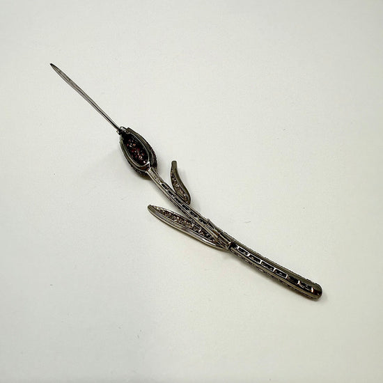 18K White Gold Diamond and Red Sapphire Flower Pin