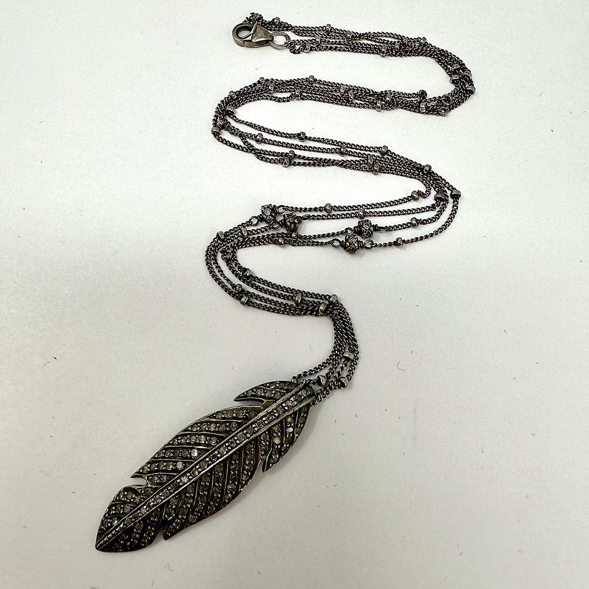 Sterling Silver Chain with Feather Pendant with Pave Diamonds